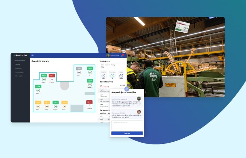 Dashboard met productiedata naast een medewerker op de werkvloer.